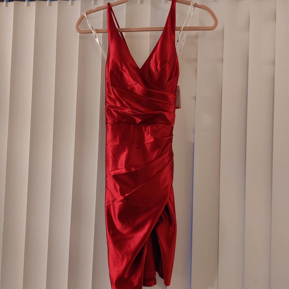 David's Bridal Red Satin Dress Size 2 V-Neck,Ruched Bodice,Lace Up Back, w-Tags